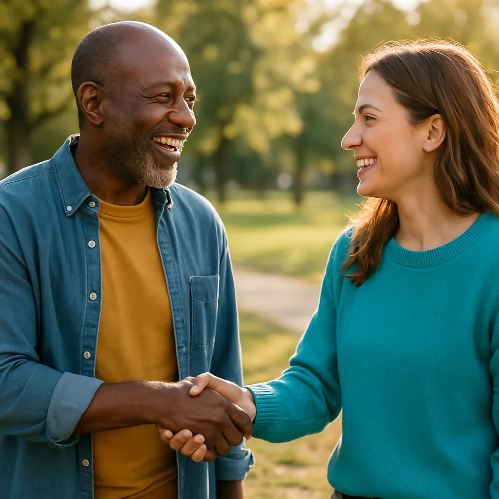Two people meeting at a local park — genuinely local Strathclyde dating
