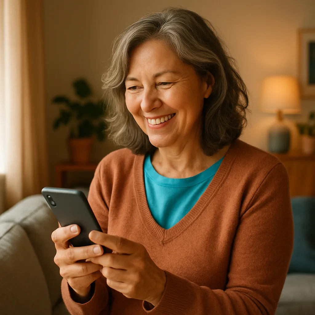 Smiling woman confidently checking her phone — verified profiles on The Strathclyde Dating Site